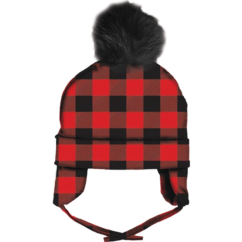 Image Tuque en coton pour bébé avec pompon - Motifs à carreaux, rouge & noir