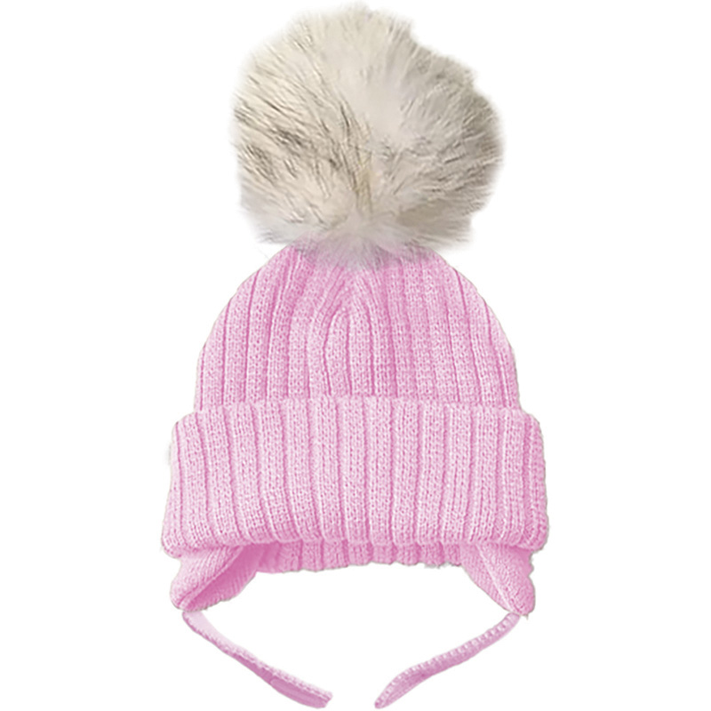 Image Tuque en tricot pour bébé avec pompon - Rose pâle