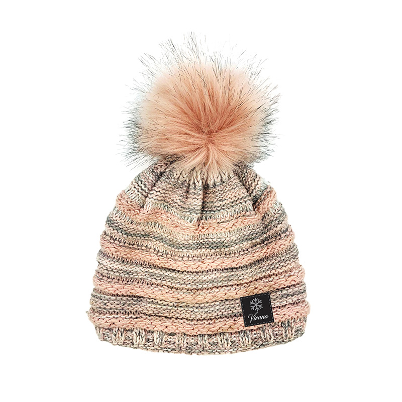 Image Tuque en tricot avec pompon pour femmes - Rose et gris - Brillant