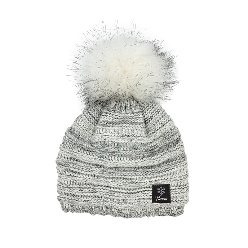 Image Knitted Hat with pompom for Women - Grey & White / with Glitter