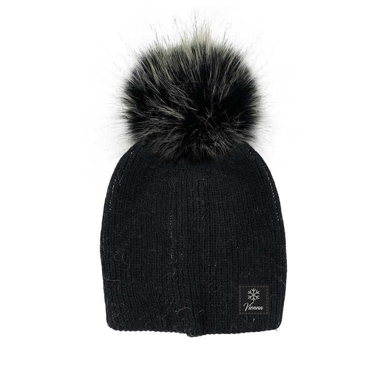 Image Knitted Hat with Pompom for Women - Black