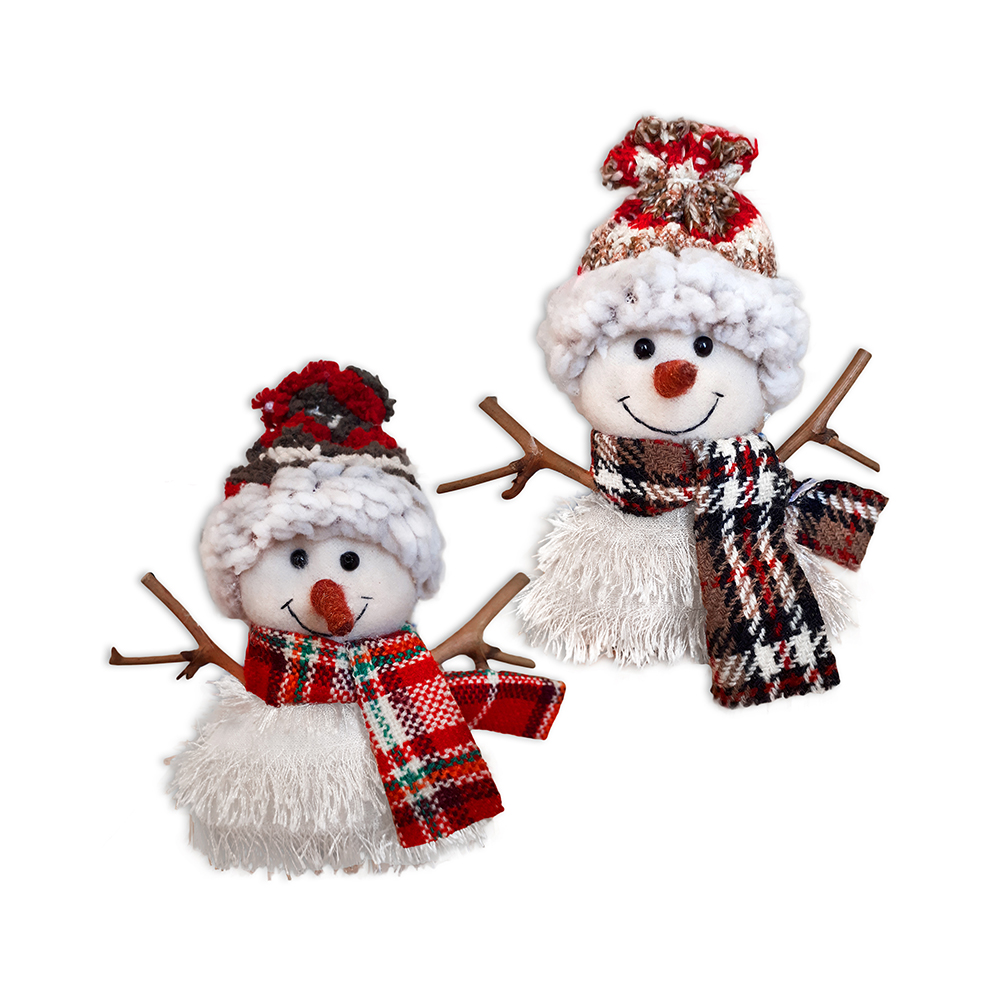 Image Ornements bonhommes de neige, 2 modèles en panier de bois naturel, 12 unités/panier