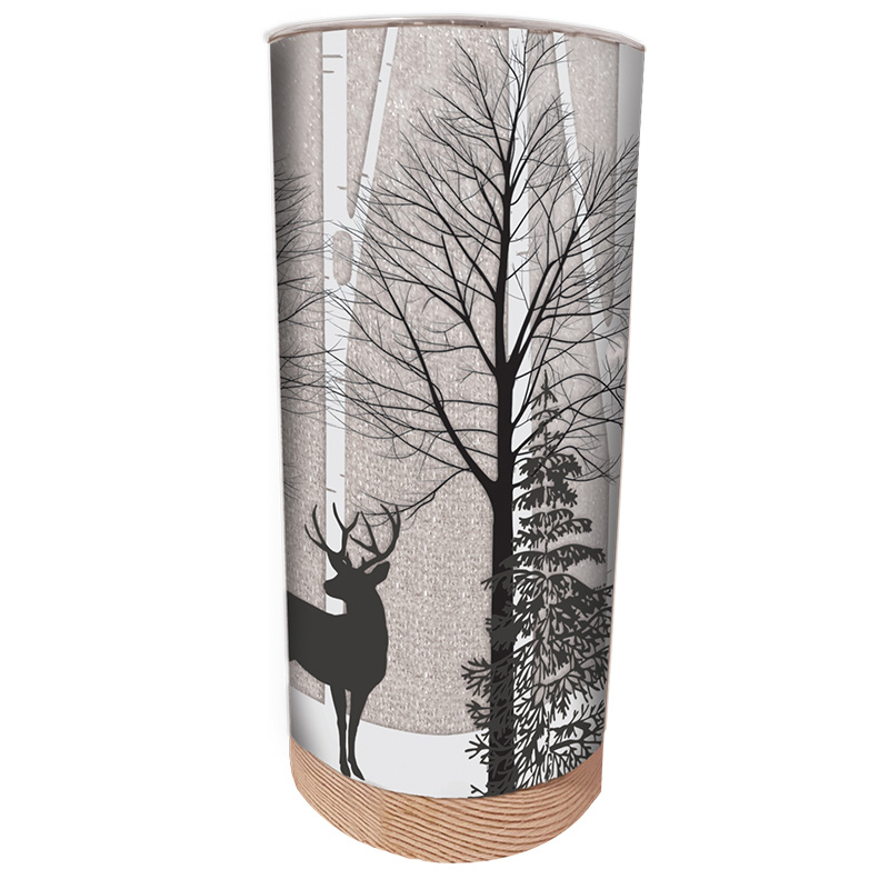 Image Lanterne en verre avec base en bois paysage d'hiver & rennes- blanche (avec minuterie)