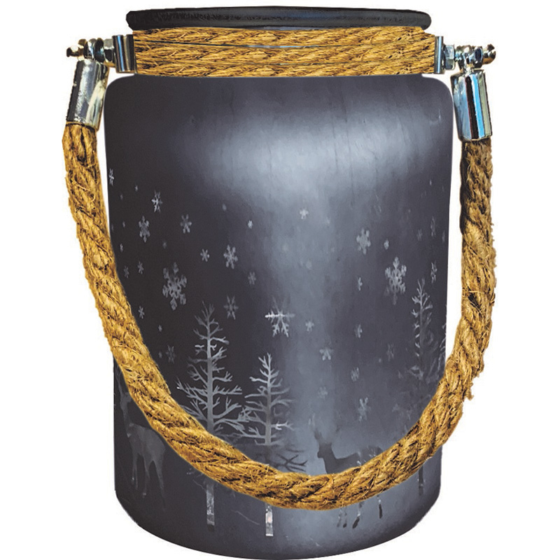 Image Glass Lantern - LED - with Winter Design & Rope Handle - Charcoal