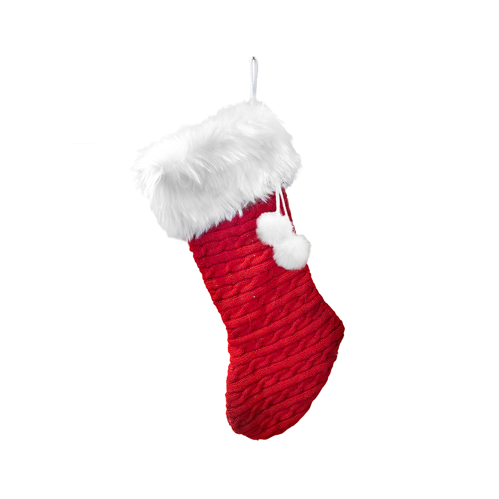 Image Red Knitted Christmas Stocking with Fur and Pompom