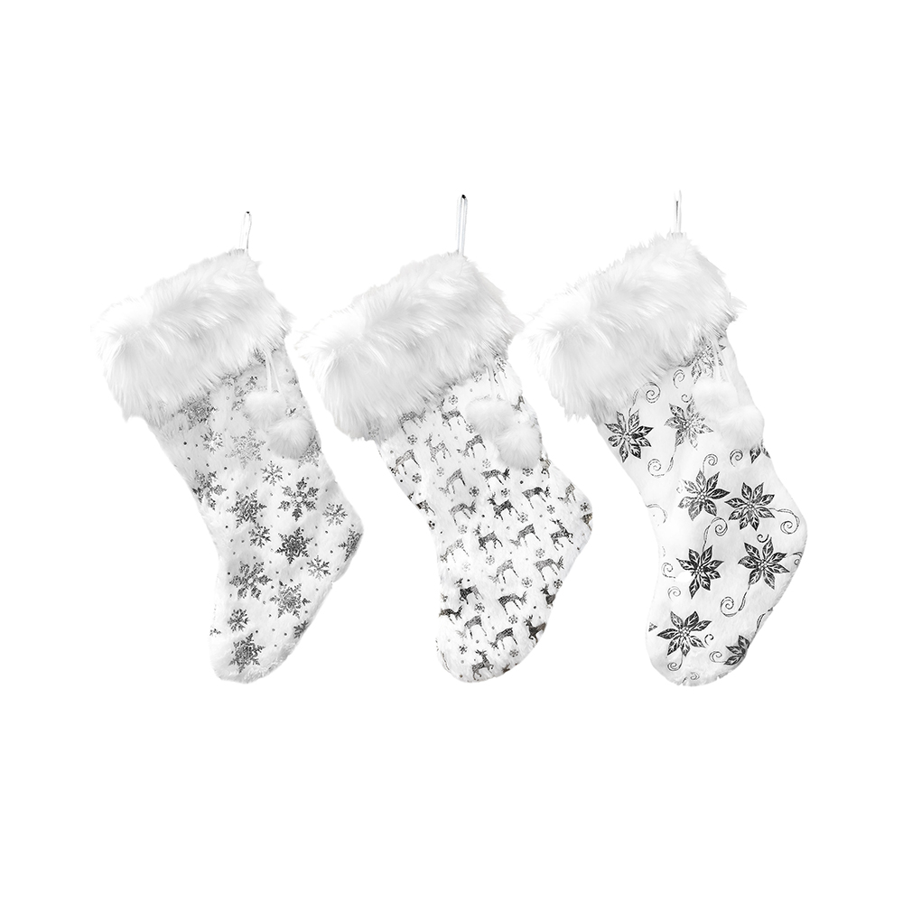 Image Poinsettia, Snowflakes & Reindeer Christmas Stockings, 3 silver models with fur and pompom