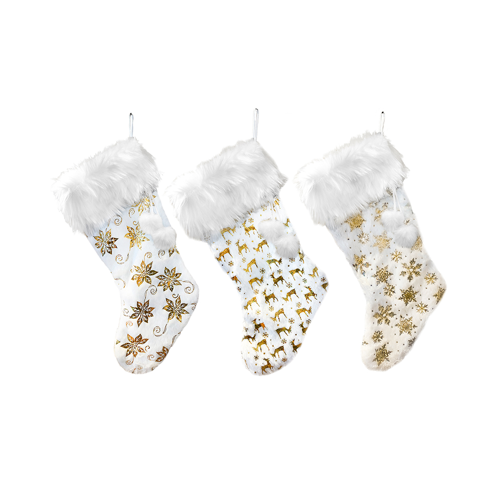 Image Poinsettia, Snowflakes & Reindeer Christmas Stockings, 3 Gold Models with Fur and Pompom