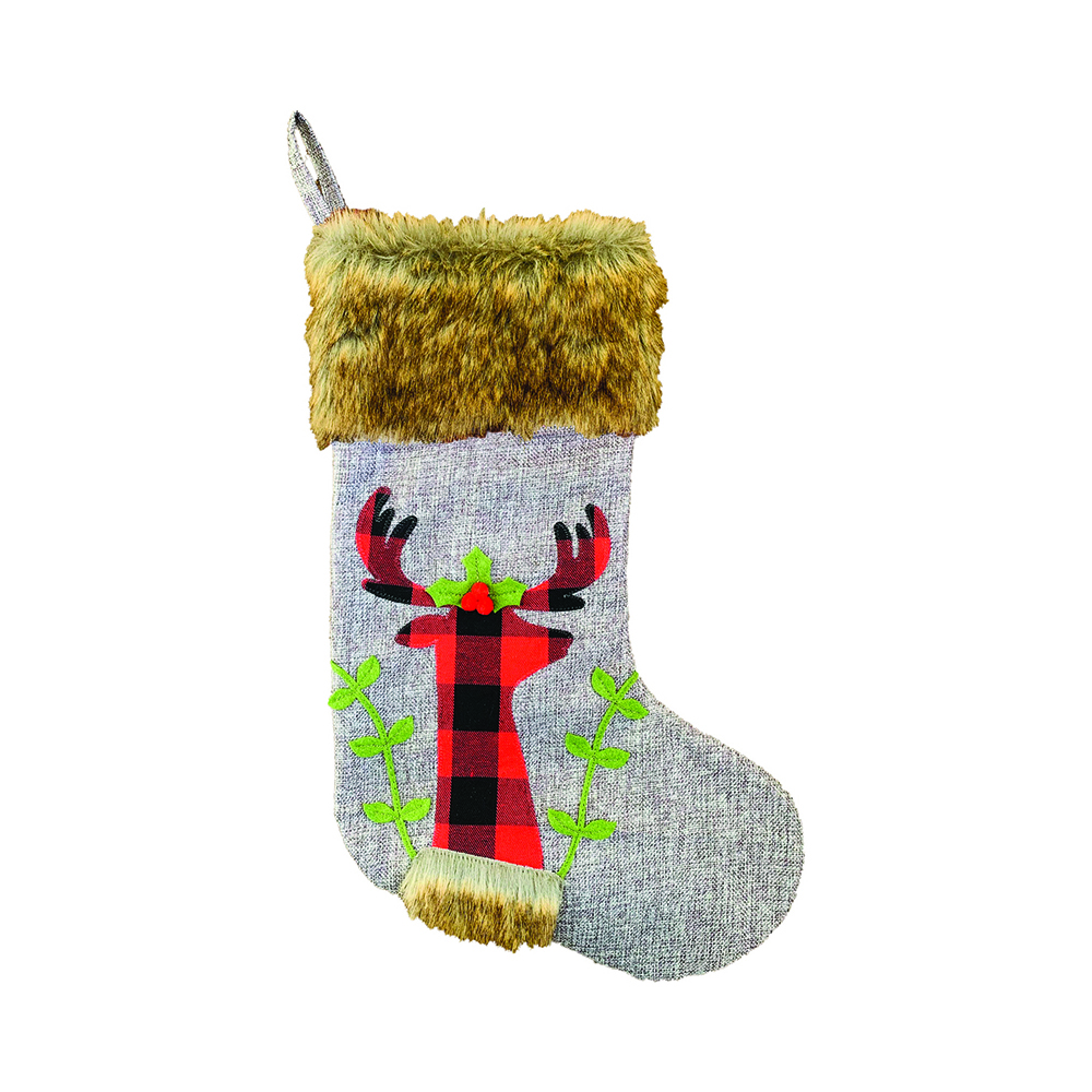 Image Stocking With Brown Fur - Plaid Design with Deer