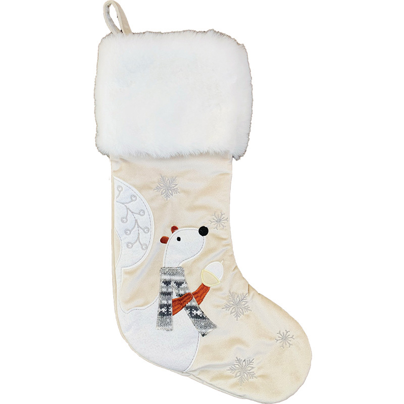 Image Bas de Noël en velours avec fourrure blanche - Motif écureuil