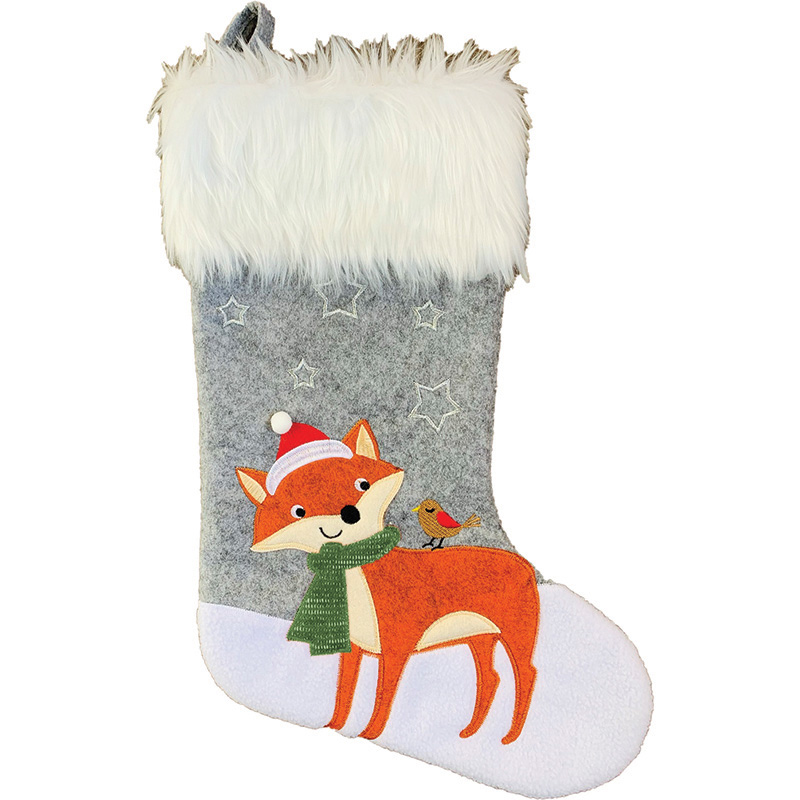 Image Bas de Noël gris avec fourrure blanche - Motif renard