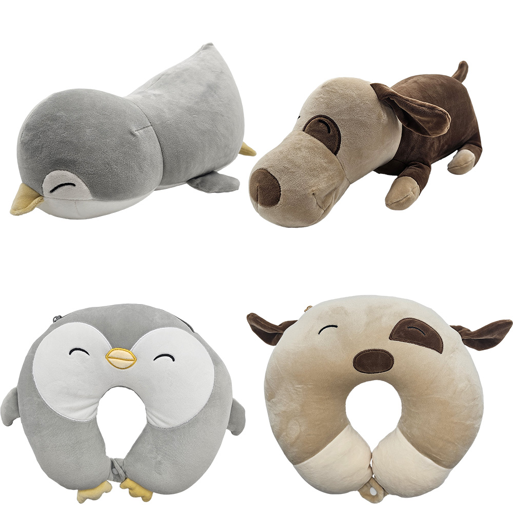 Image TRAVEL BUDS - 6 PC assortment of reversable travel pillows : Brown Dog and Grey Penguin