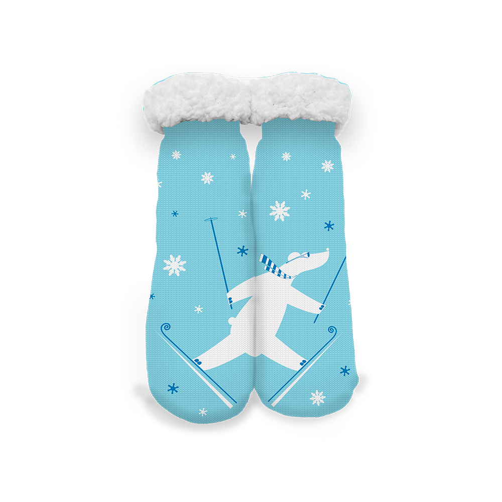 Image Winter Funky Socks in Fleece - Polar Bear Skying Design - Blue