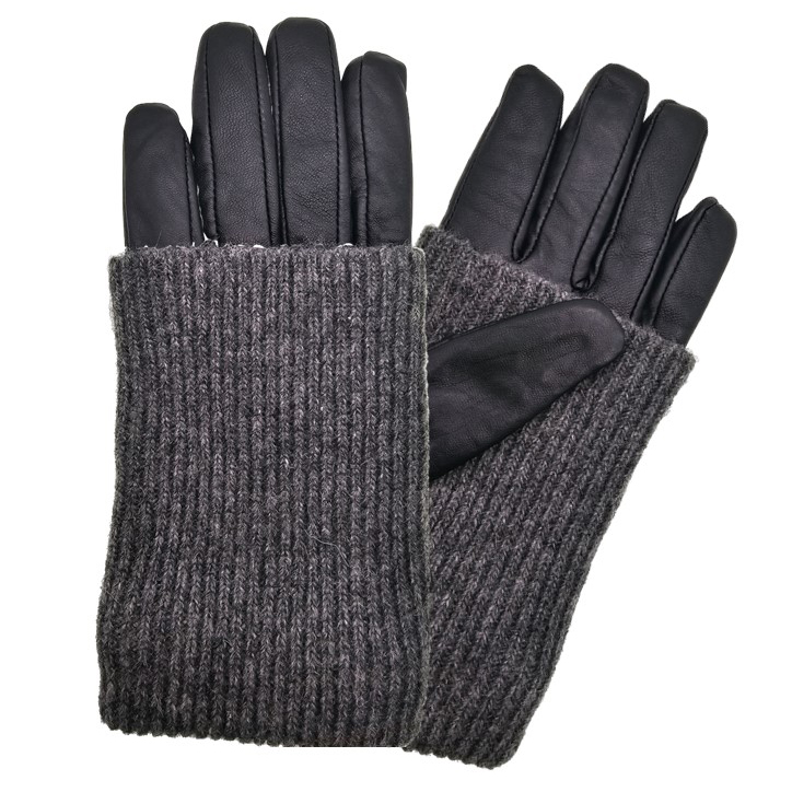 Image Gants pour femmes en cuir de mouton noirs, poignets en laine