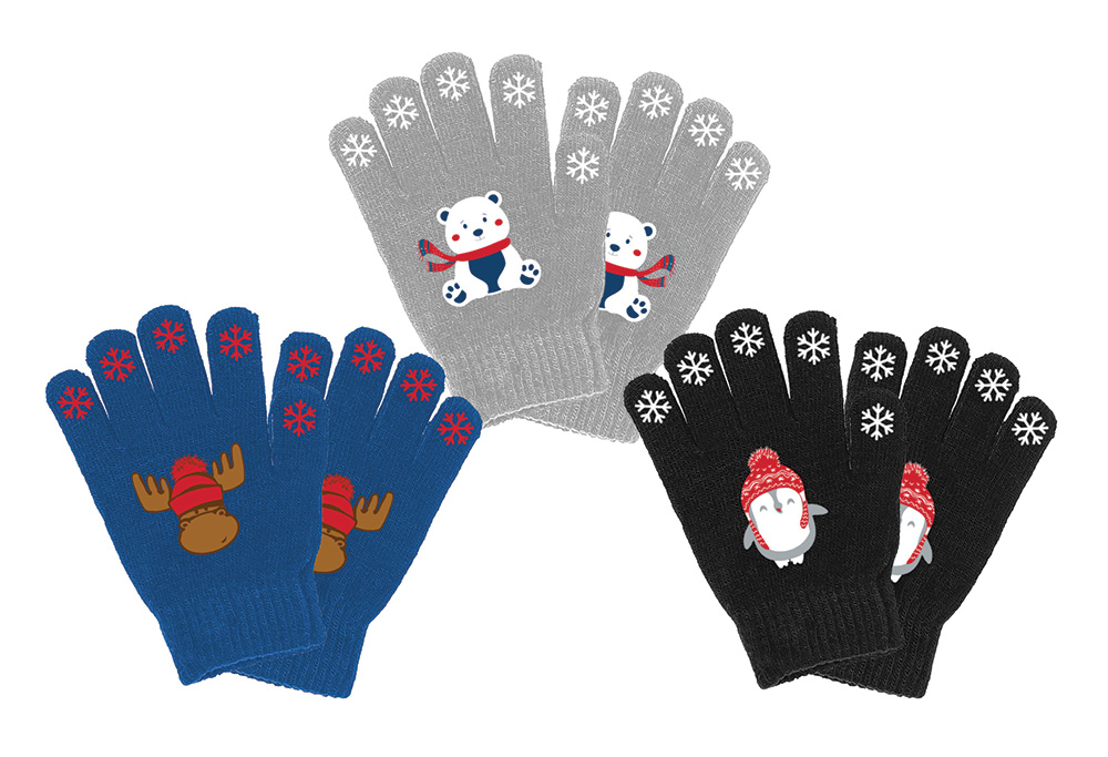 Image Gants pour enfants- 3 modèles assortis - ours, orignal et pingouin