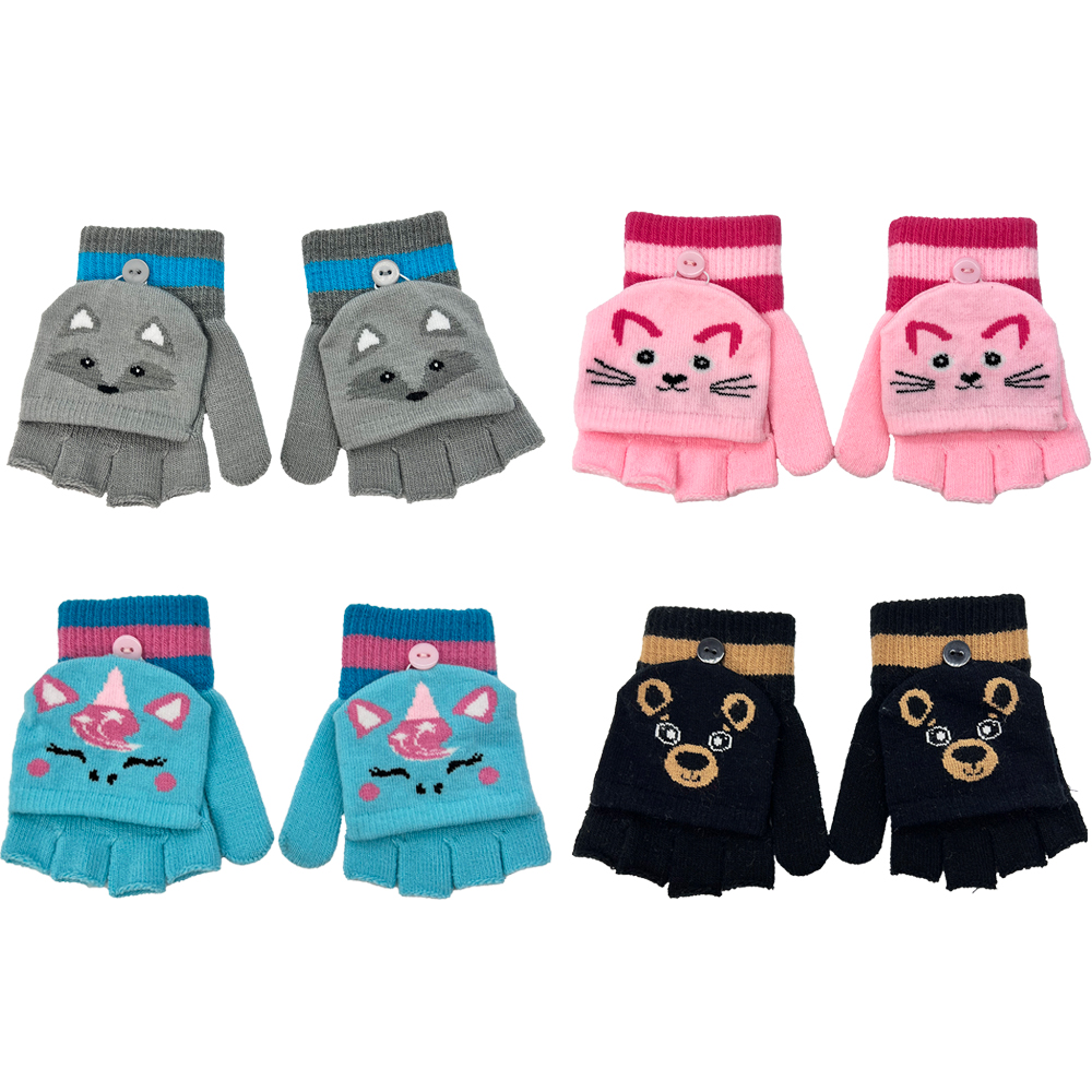 Image Knitted Flip Mittens for Kids, 4 Animal Designs (unicorn, cat, fox, bear)