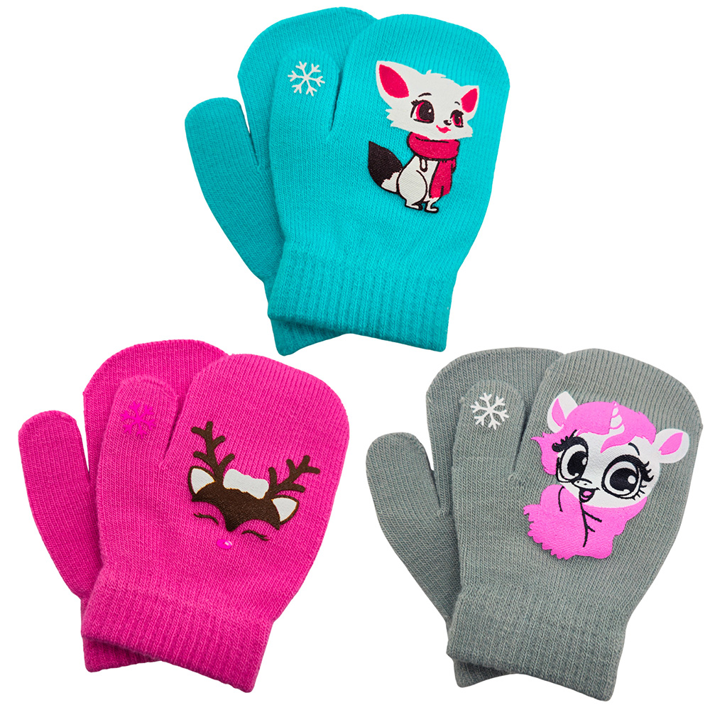 Image Mitaines pour enfants - 3 modèles assortis - Renard blanc, renne et licorne