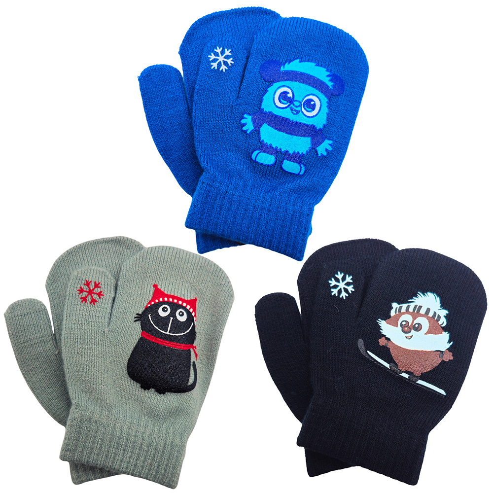 Image Mitaines pour enfants - 3 modèles assortis - Monstre bleu, chat et porc-épic