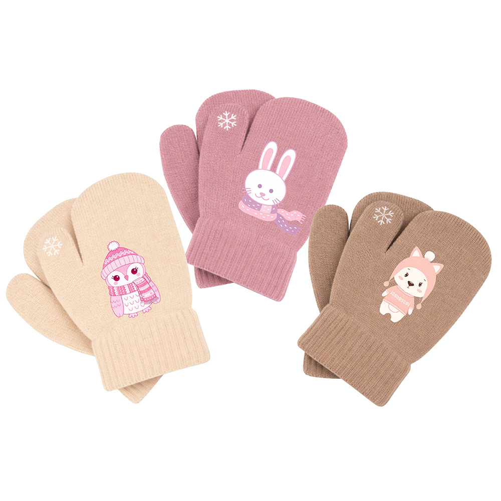 Image Mitaines pour filles - 3 modèles assortis : Hibou, lapin, chat - Taille unique