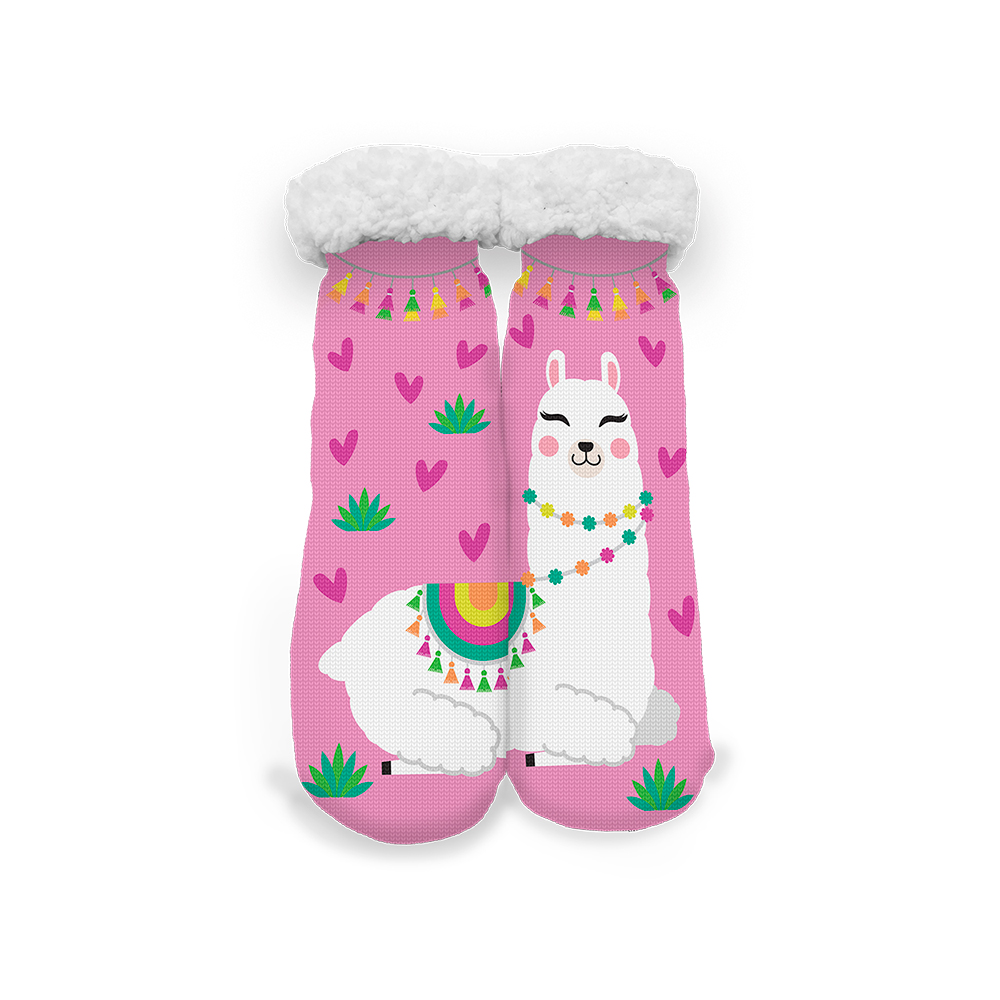 Image Anti-Skid Kids Socks in Fleece- Lama Design - Pink