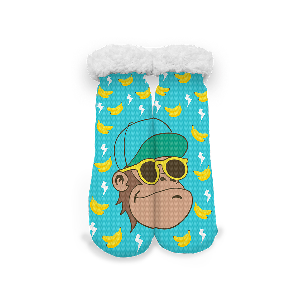 Image Anti-Skid KIDS Socks in Fleece - Monkey Design - Turquoise