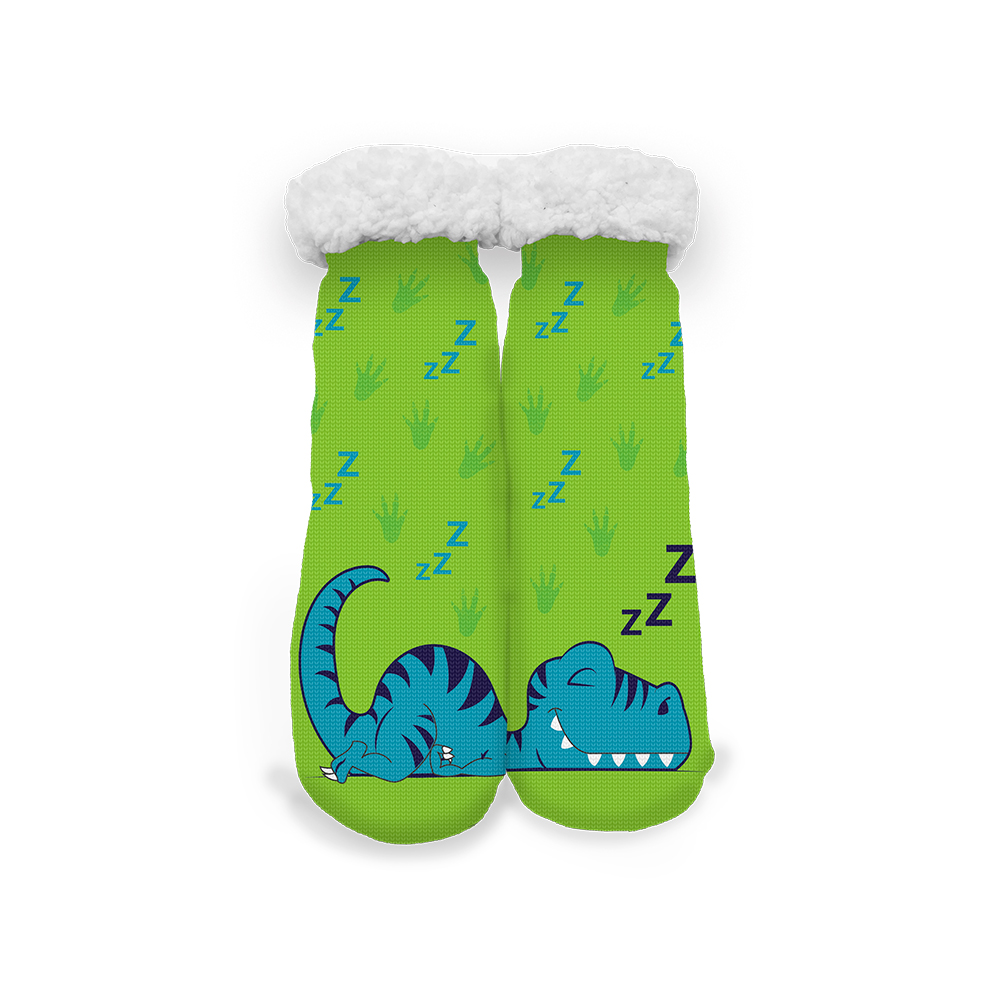 Image Anti-Skid KIDS Socks in Fleece - Dinosaur Design - Green