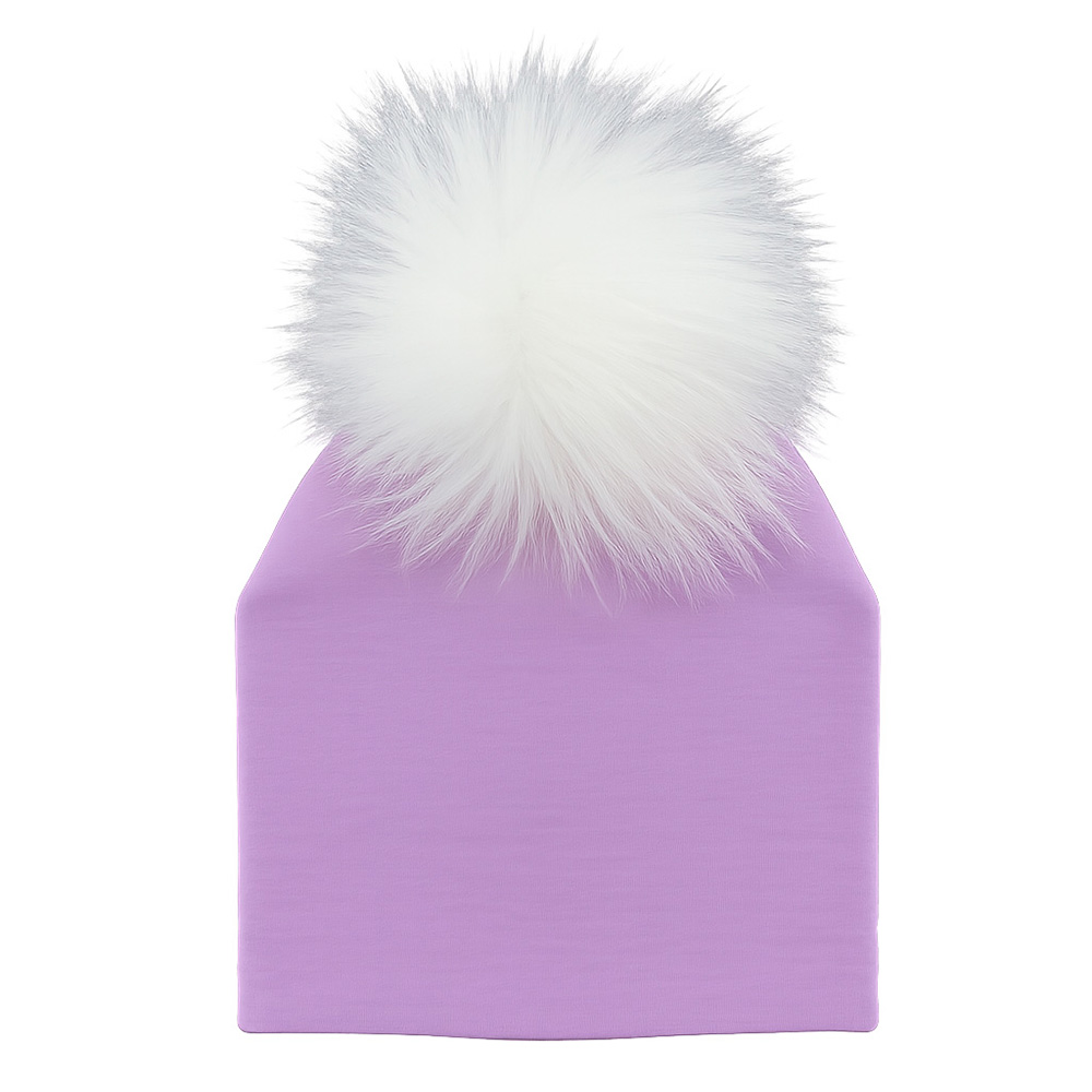Image Cotton Hat for Kids with White Fur Pompom - Light Purple