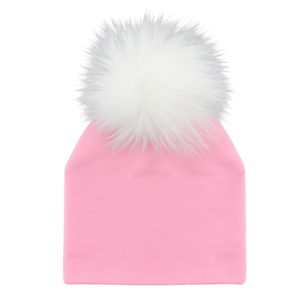 Image Cotton Hat for Kids with White Fur Pompom - Light Pink