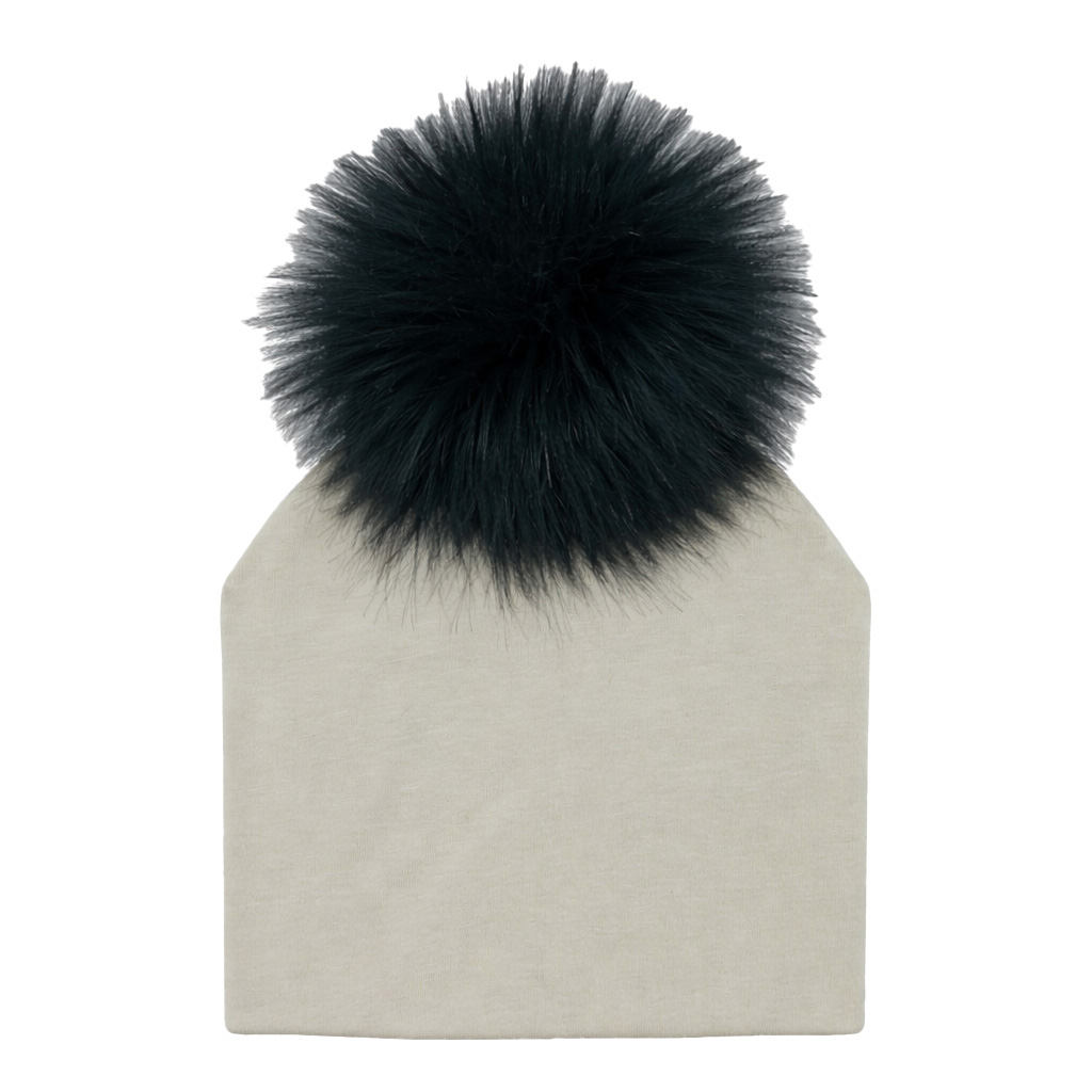 Image Cotton Hat for Kids with Black Fur Pompom - Light Grey