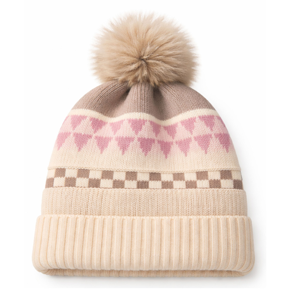 Image Knitted Hat with Pompom for Kids - Beige, Brown & Pink - One Size