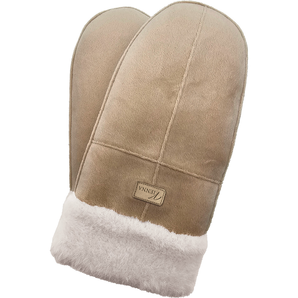 Image Suede Mittens with Fleece Cuffs - Beige