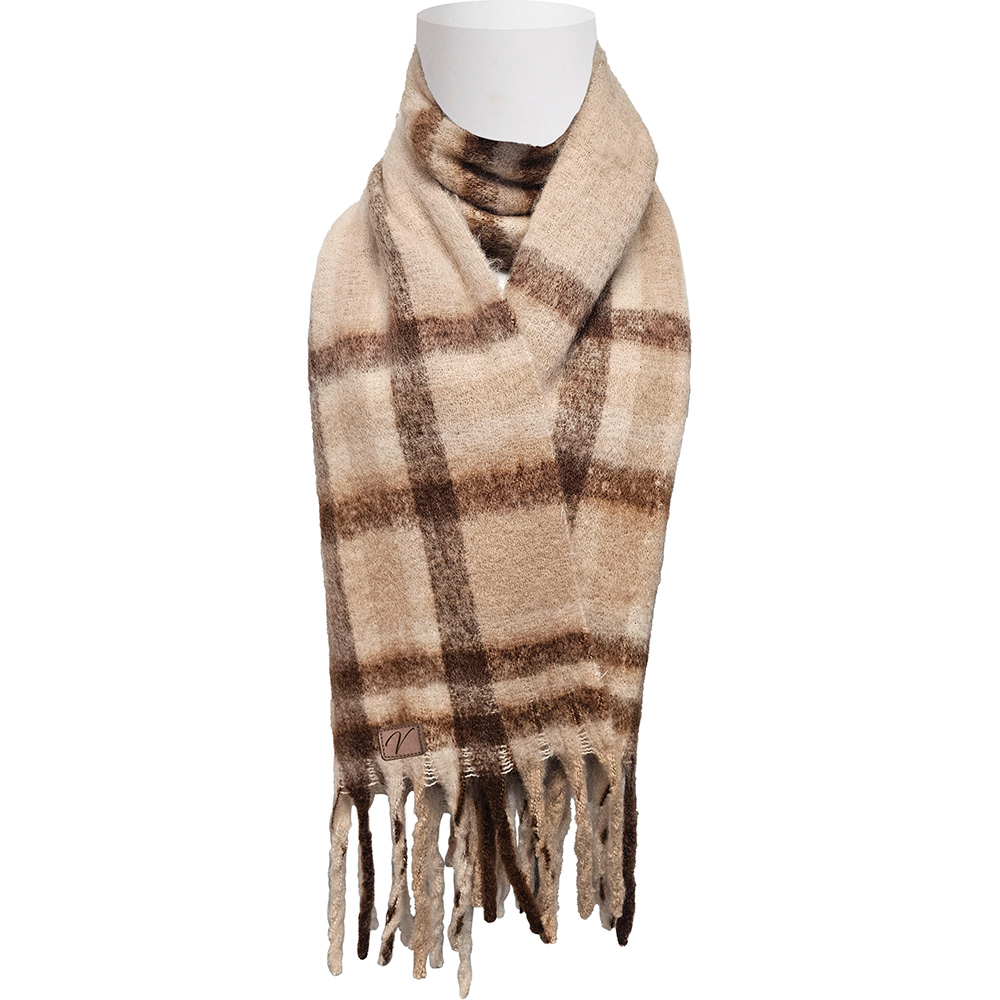 Image Thick Fleece Scarf - Beige & Brown Plaid Pattern