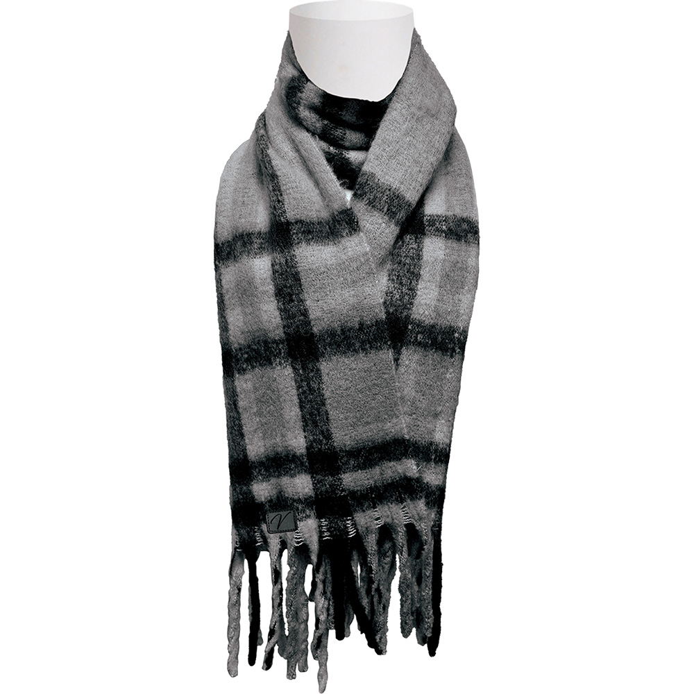 Image Thick Fleece Scarf - Black & Grey Plaid Pattern