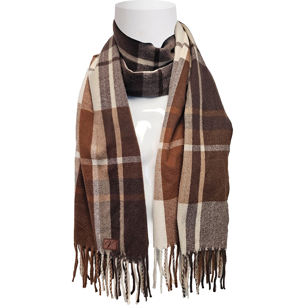 Image Light Fleece Scarf - Beige & Brown Plaid Pattern