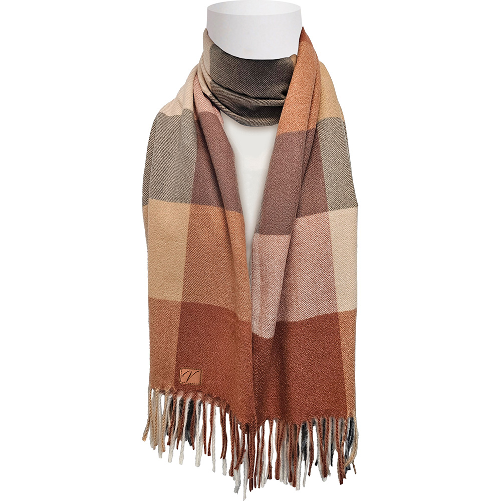 Image Light Fleece Scarf - Grey, Beige & Light Brown Plaid Pattern
