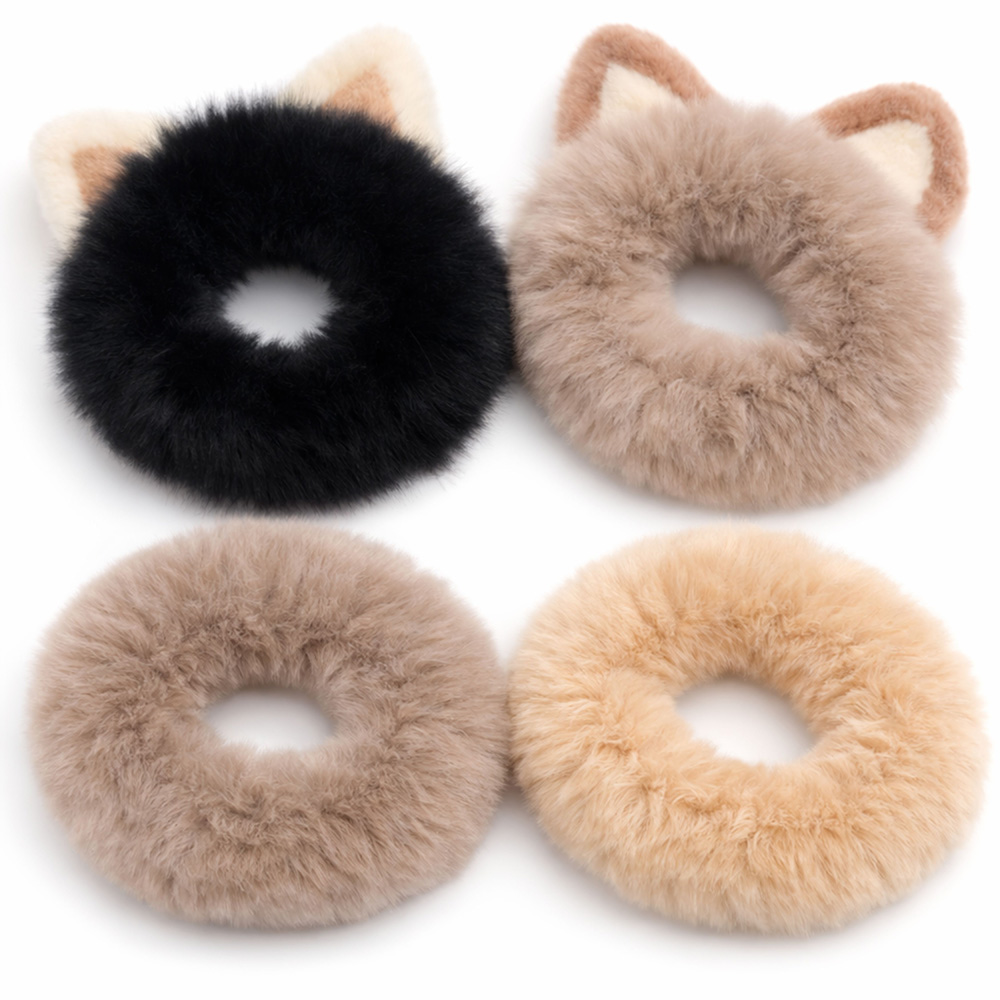Image Set/4 Scrunchies- Kids: Furr Beige, White and Black
