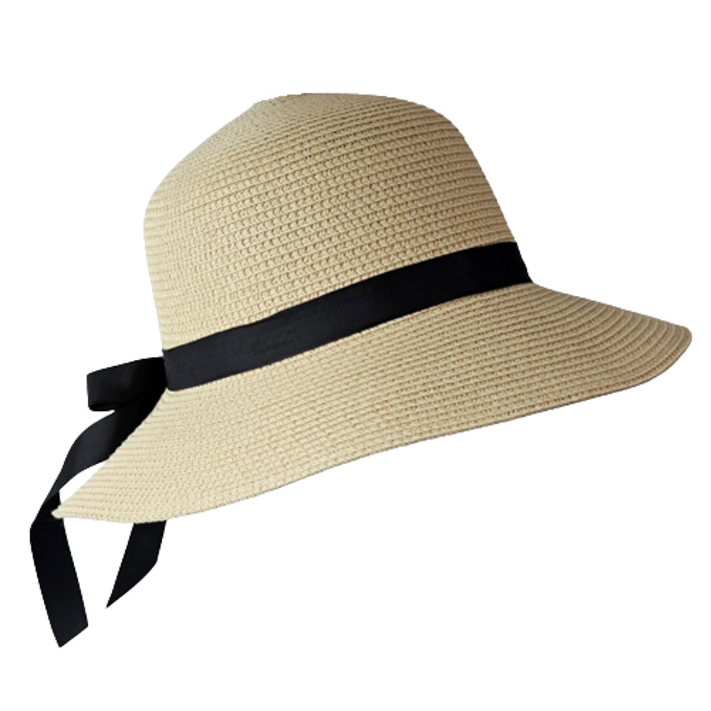 Image Fashion Straw Hat - Beige with Black Bow