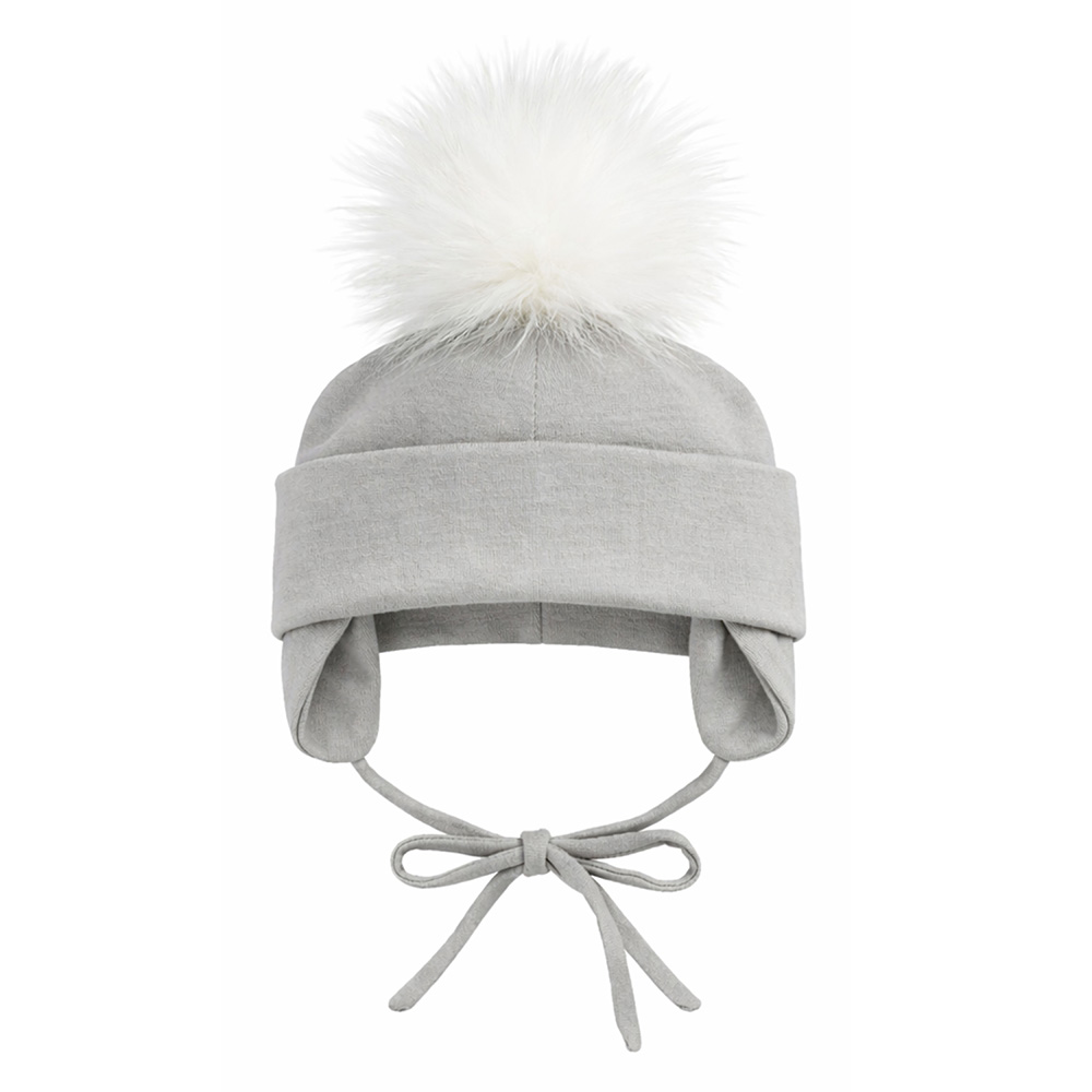 Image Cotton Hat for Baby with Fur Pompom - Light Grey