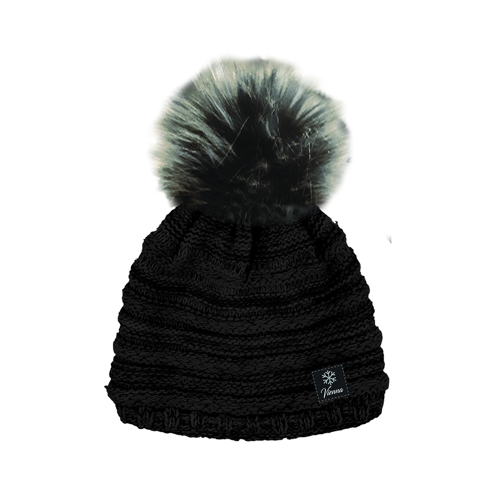 Image Knitted Hat with Beige Pompom for Women, Black, with Glitter