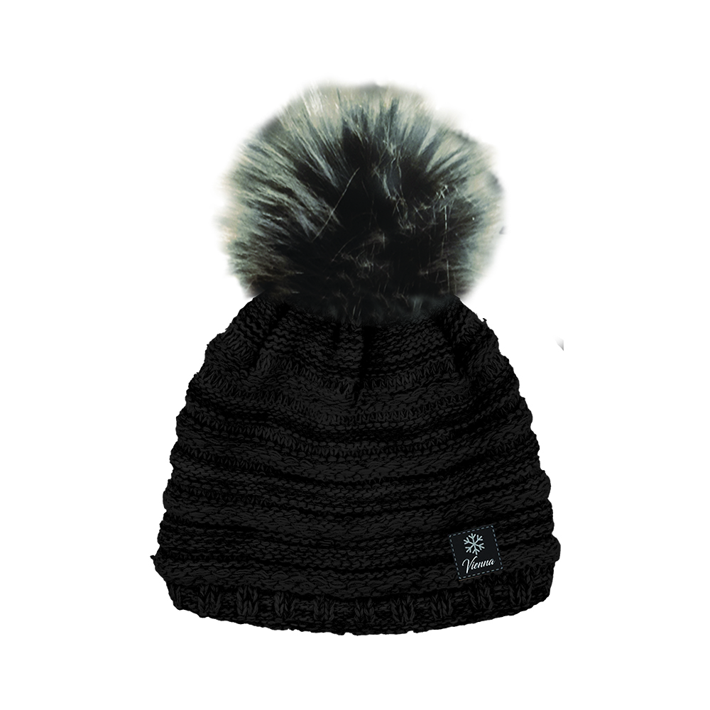 Image Tuque en tricot avec pompon beige pour femmes, noire, avec brillants