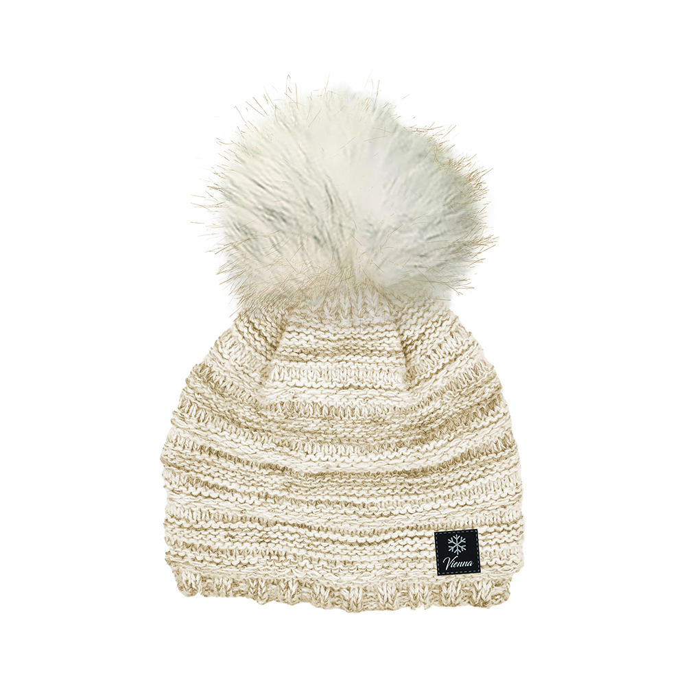 Image Knitted Hat with Natural Pompom for Women, White, with Glitters