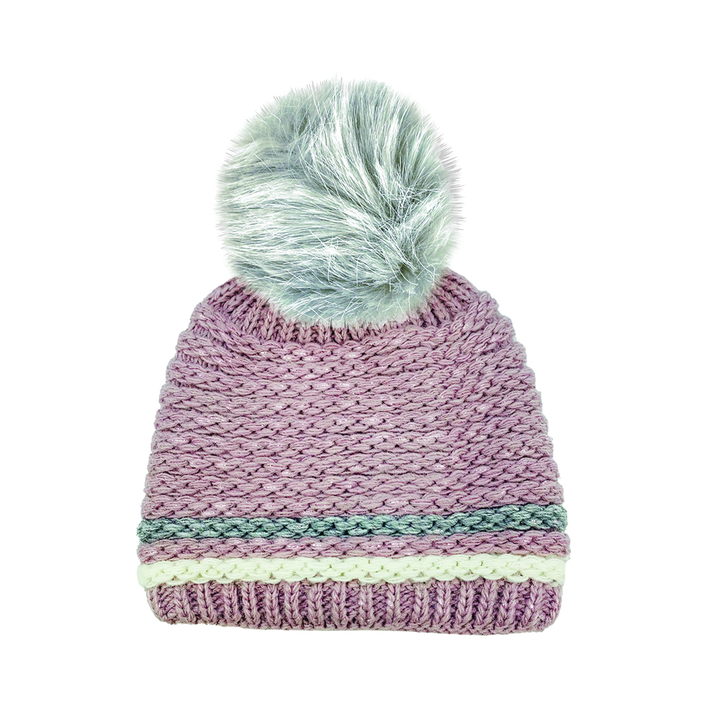 Image Tuque rose en tricot avec pompon gris pour femmes- Rose pâle, avec fils argentés