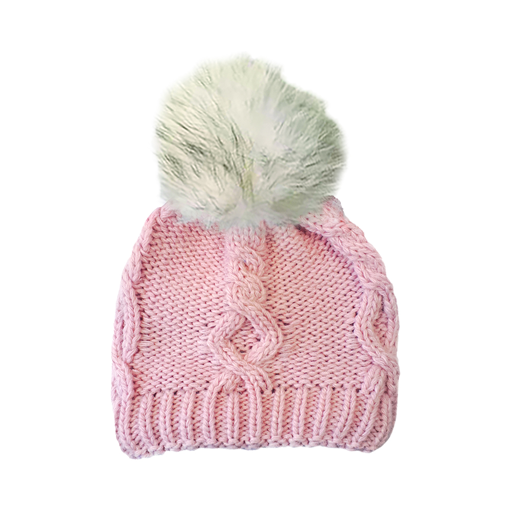 Image Knitted Hat with Natural Pompom for Women, Pink