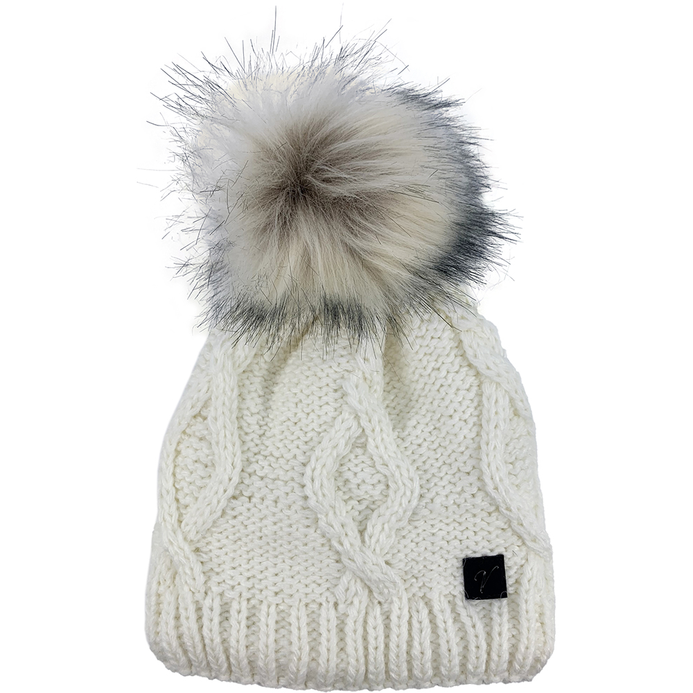 Image Knitted Hat with White Pompom for Women, White