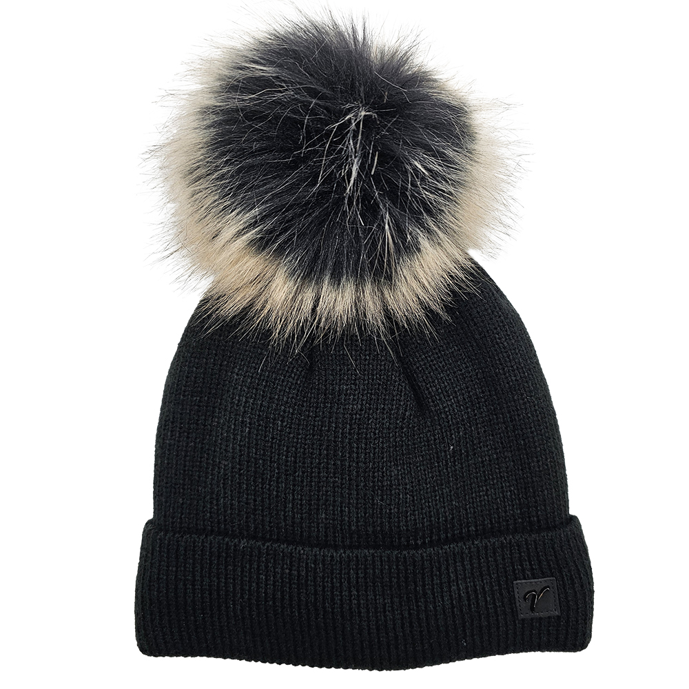 Image Knitted Hat with Natural Pompom for Women, Black