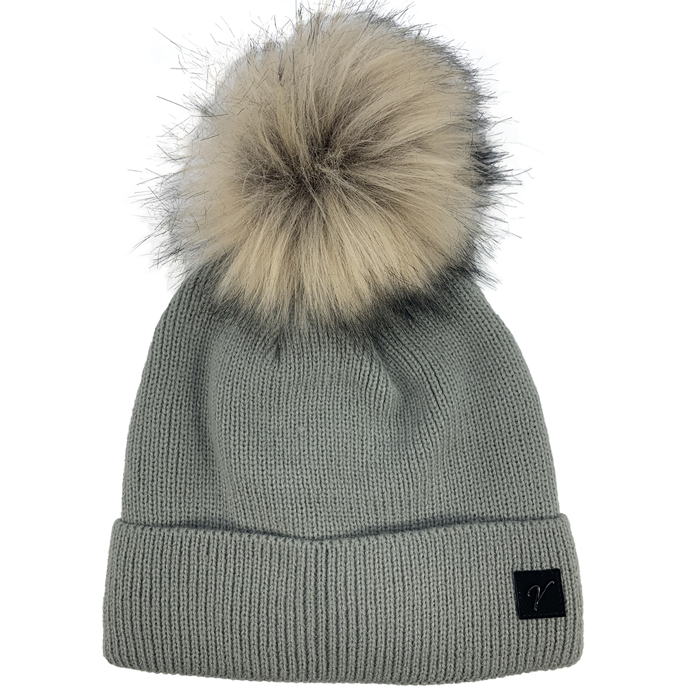 Image Knitted Hat with Natural Pompom for Women, Grey