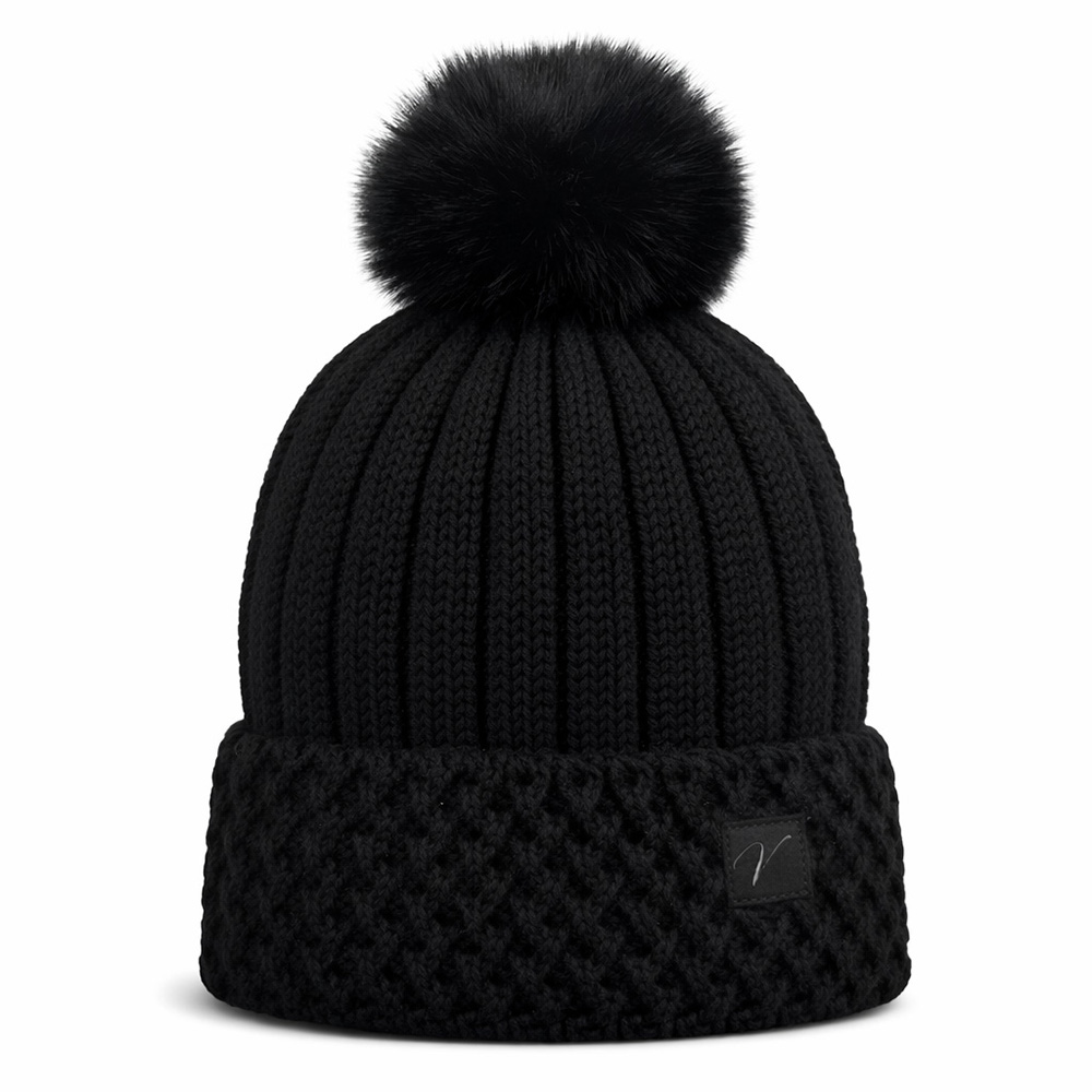 Image Tuque en tricot doublée avec pompon en fourrure - Noir
