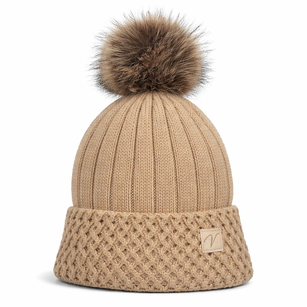 Image Tuque en tricot doublée avec pompon en fourrure - Beige
