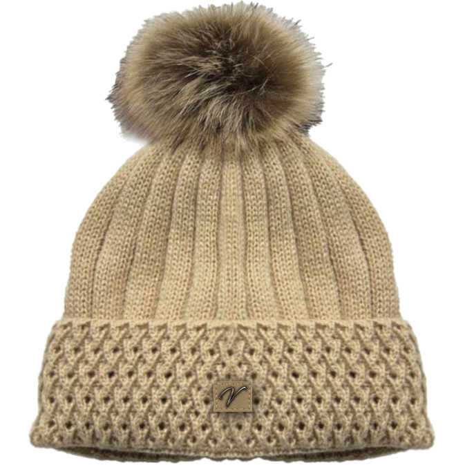 Image Knitted Hat with Inner Liner and Fur Pompom - Beige
