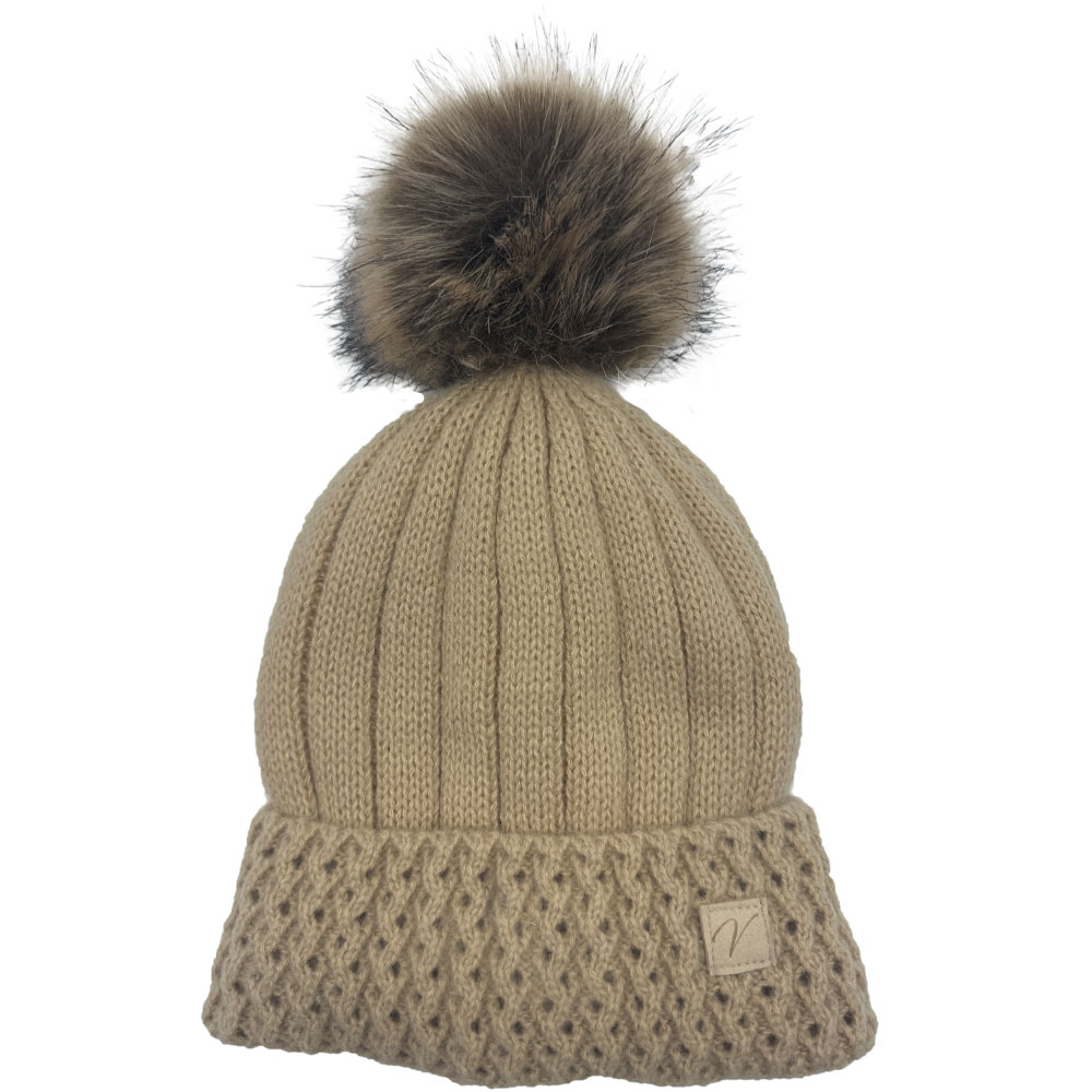 Image Knitted Hat with Inner Liner and Fur Pompom - Beige