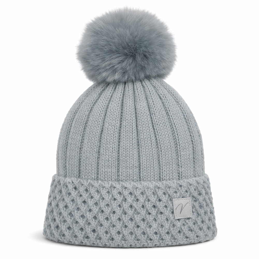 Image Tuque en tricot doublée avec pompon en fourrure - Gris